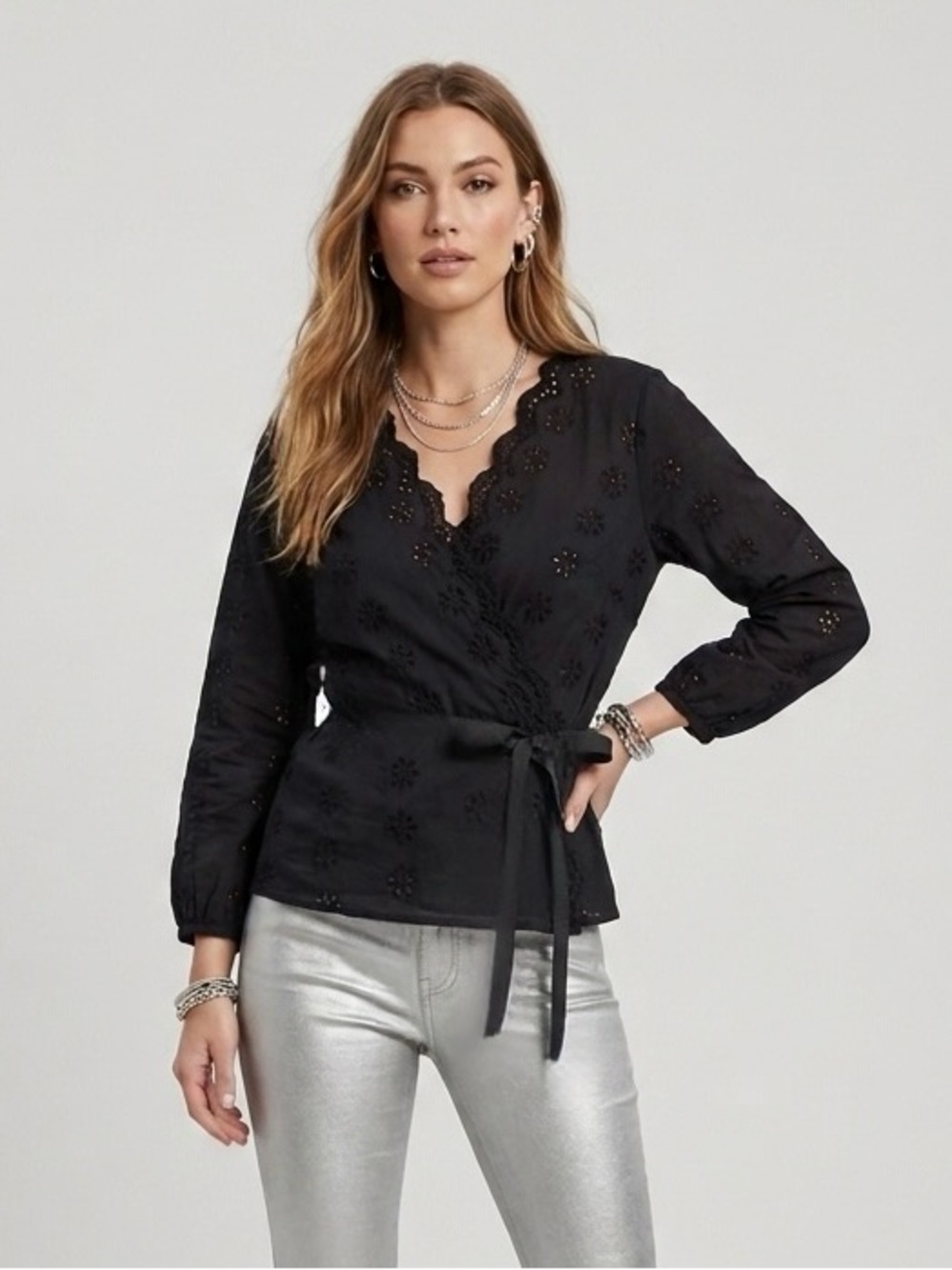 Madewell Eyelet Wrap Top Black S Peplum Blouse Scalloped V Neck 100% Cotton